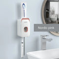 Automatic wall-mounted toothpaste dispenser in blue, grey, or pink colours with LED display