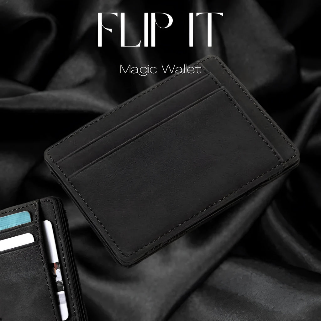 PU leather magic wallet in solid colour showing flip card holder and zipper coin purse.