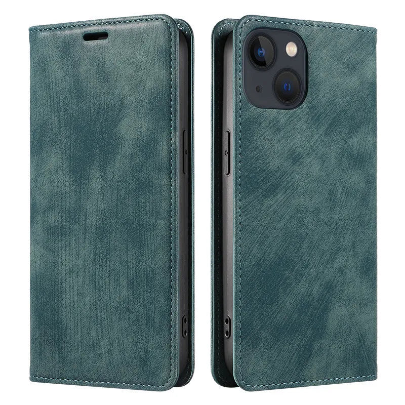 Genuine leather magnetic flip phone case in multiple colours for iPhone models.