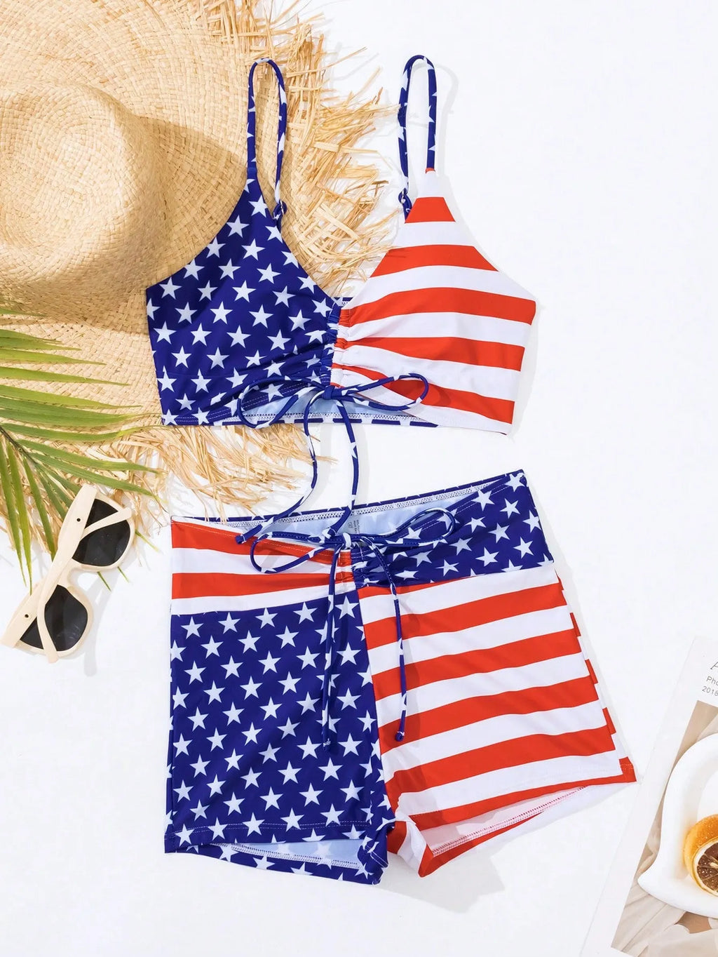 Women's high waist swimsuit with drawstring and stars and stripes pattern
