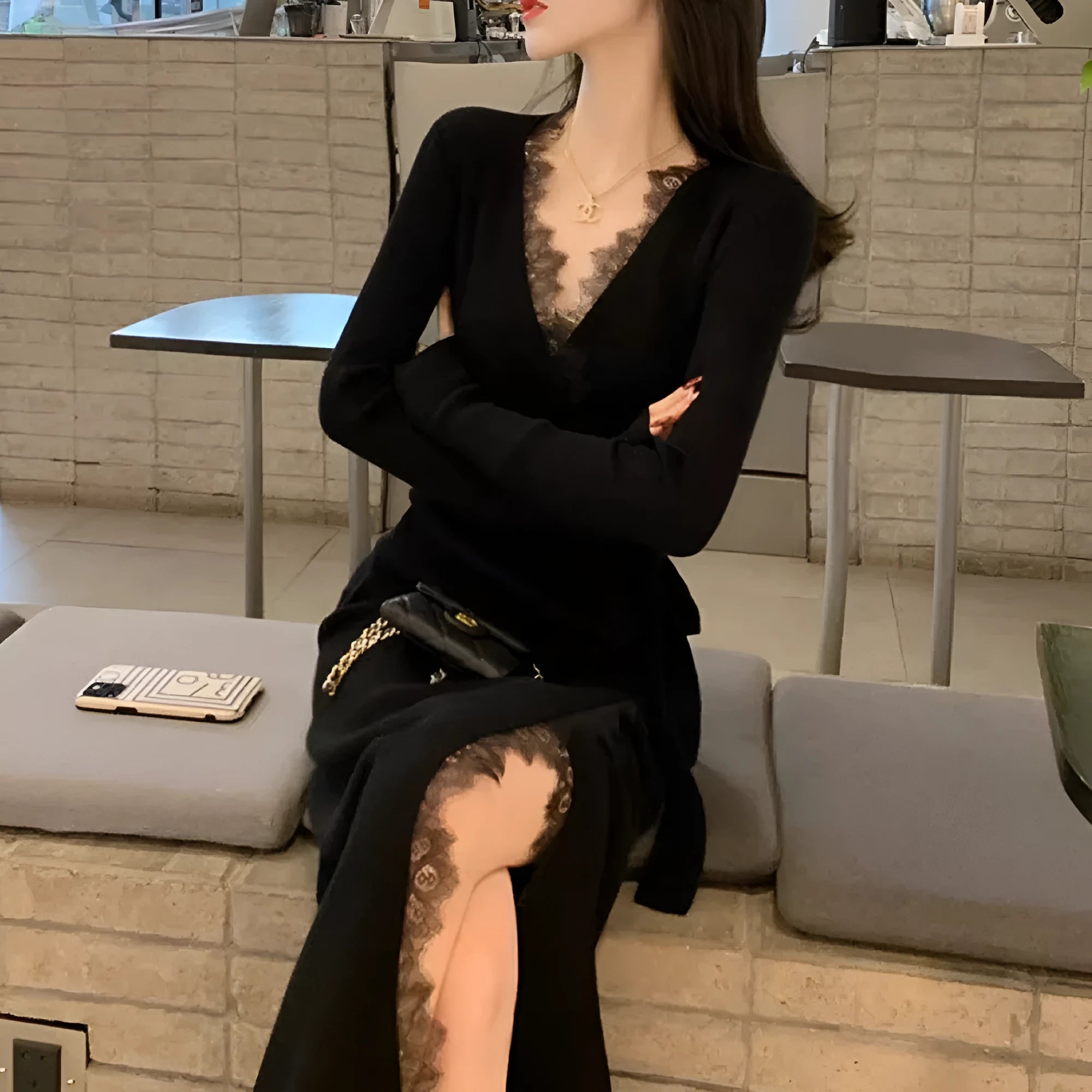 Women's slim fit black woolen skirt with princess dress styling