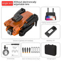 Black and orange remote-controlled quadcopter drone with camera mounted and folding arms