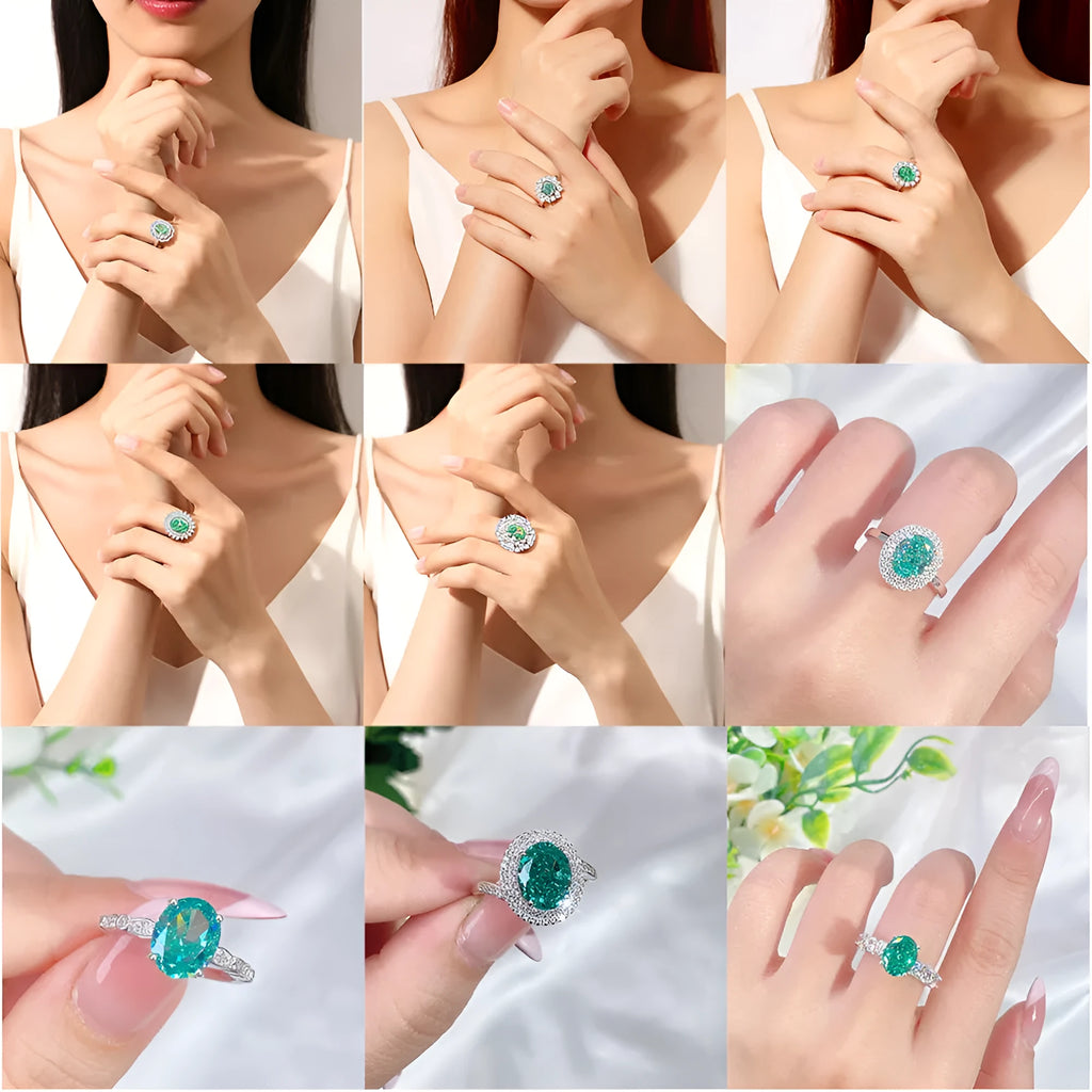 S925 silver geometric ring with oval emerald-inspired stone and high carbon diamond details on finger