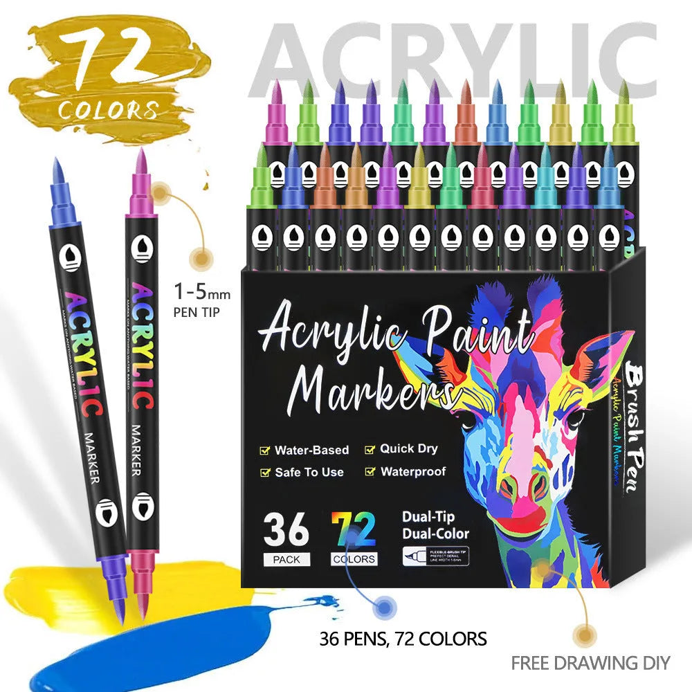 Set of double-ended acrylic marker pens with washable opaque ink in various colours.