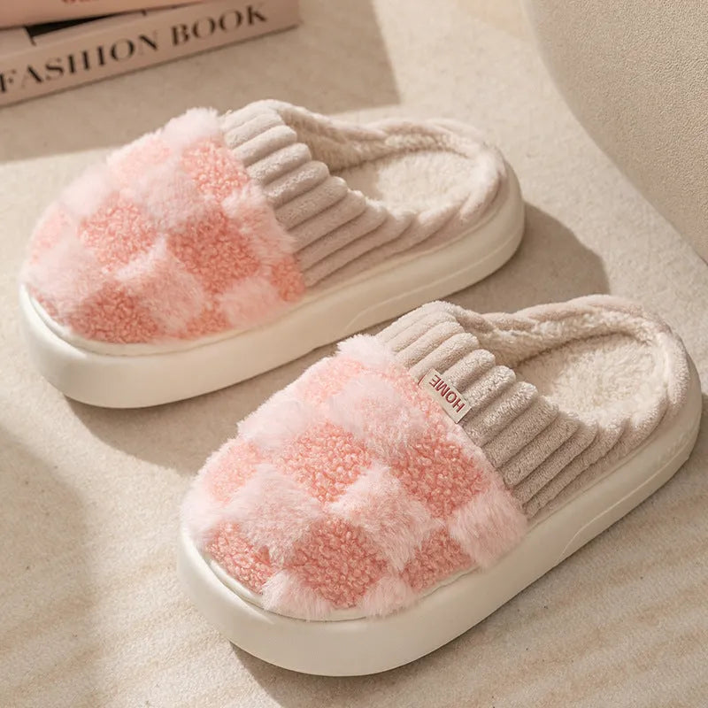 Women's plush indoor slippers in coffee colour with coral velvet upper and anti-slip PVC sole.