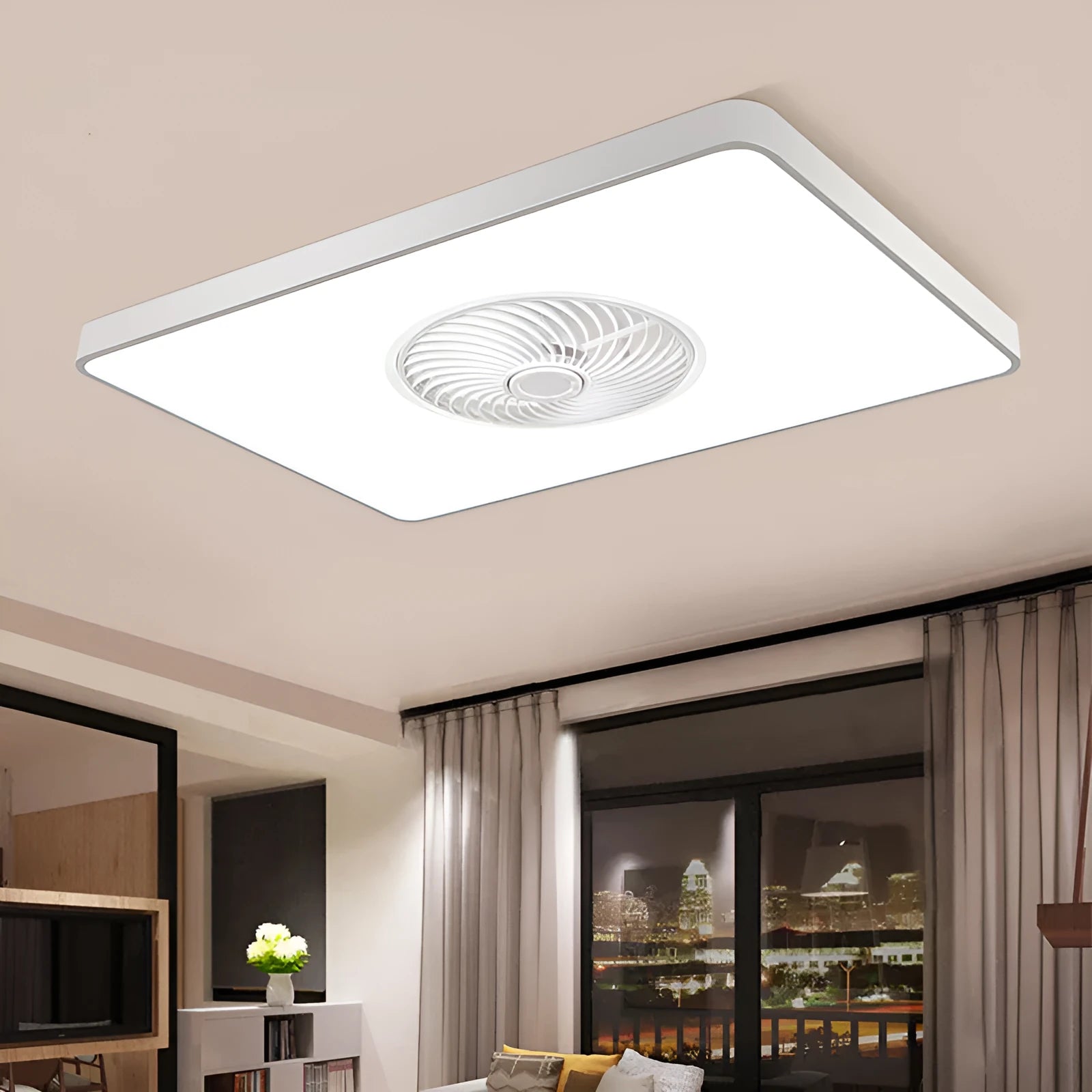 Nordic style ceiling fan with integrated light and solid wood blades in rectangular, round, or square shapes.