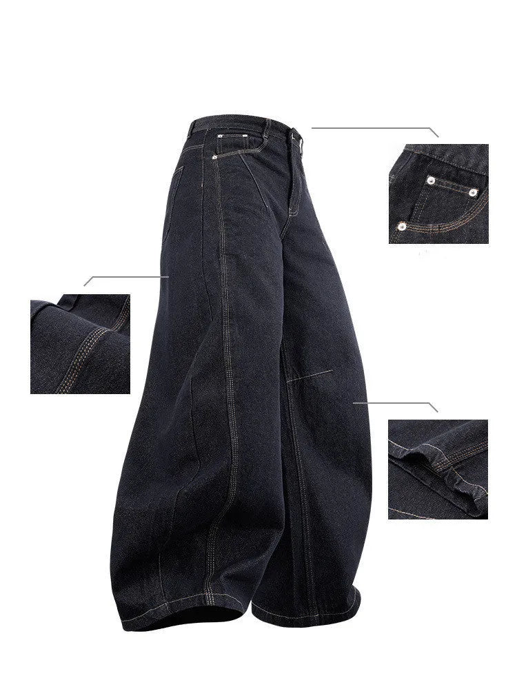 Men's wide-leg denim trousers in original cow colour, showing relaxed fit and mid-waist design.