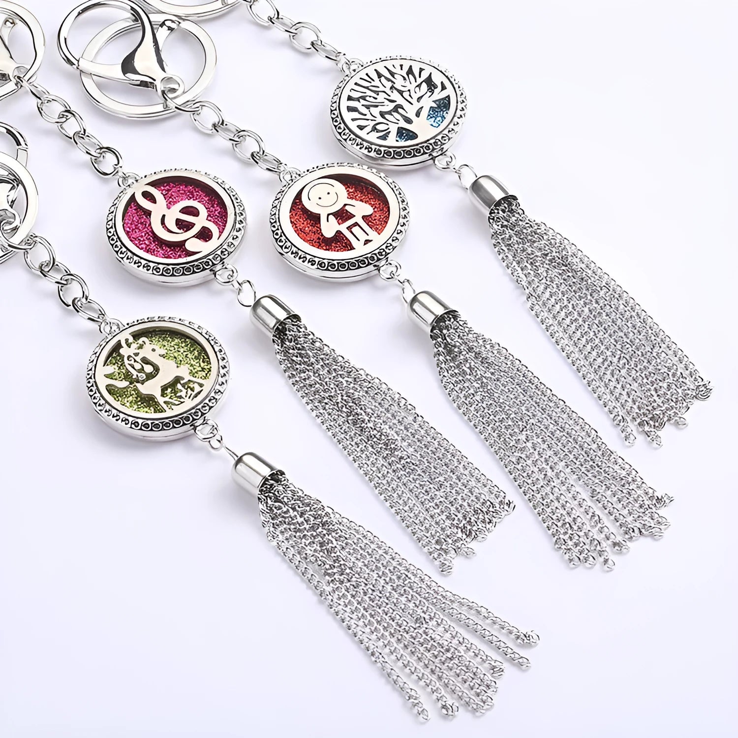 Alloy tassel car pendant with long chain hanging, showing decorative box detail.
