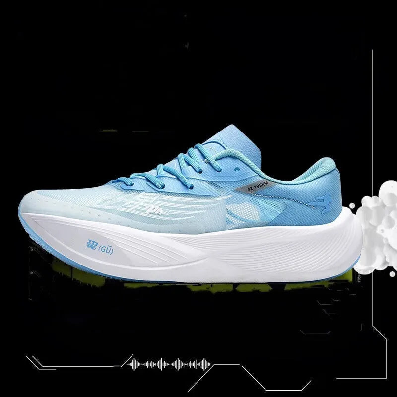 Low-top carbon plate racing sneakers in multiple colours with front lace-up and natural rubber sole.