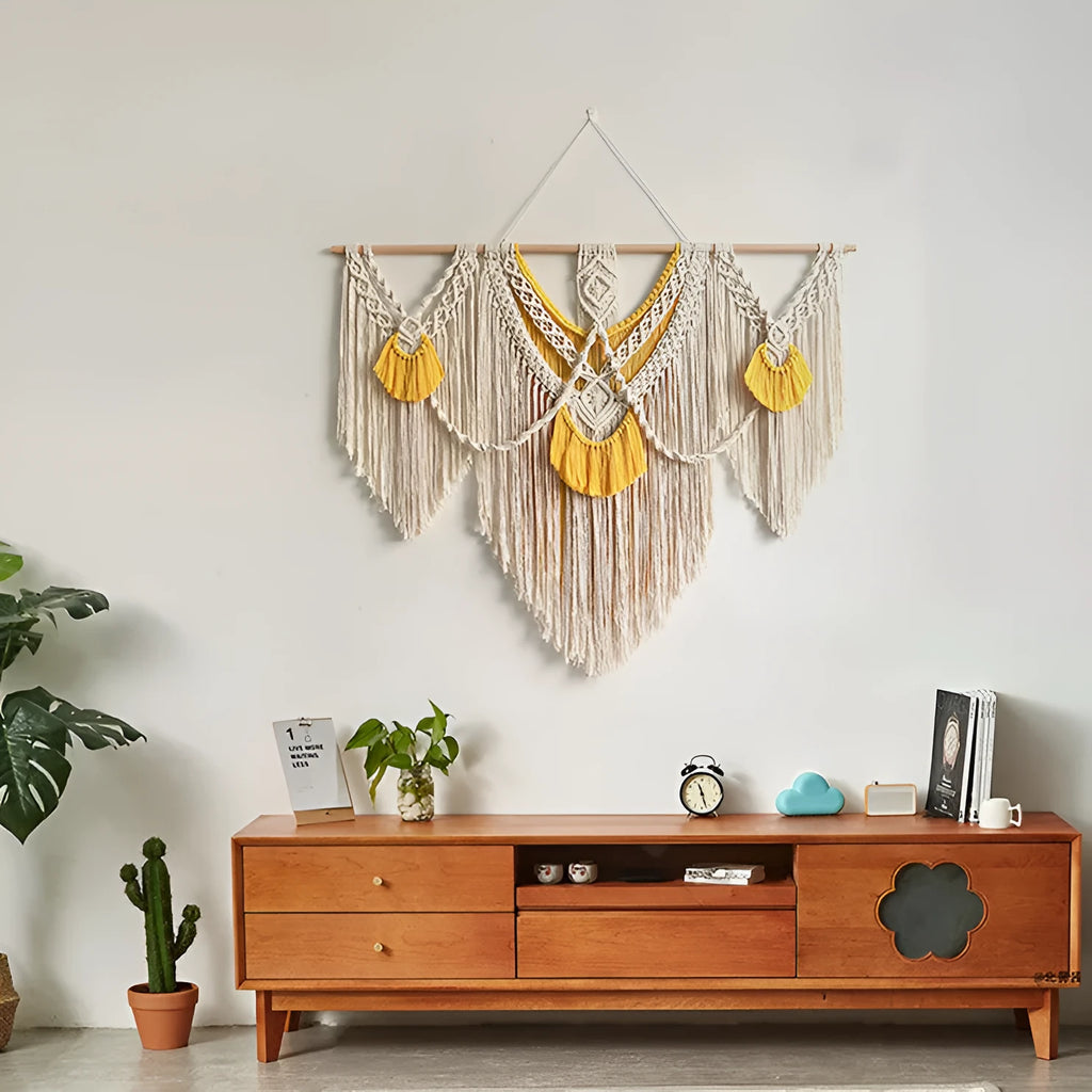 Nordic style hand-woven cotton tapestry in creamy-white with yellow detailing