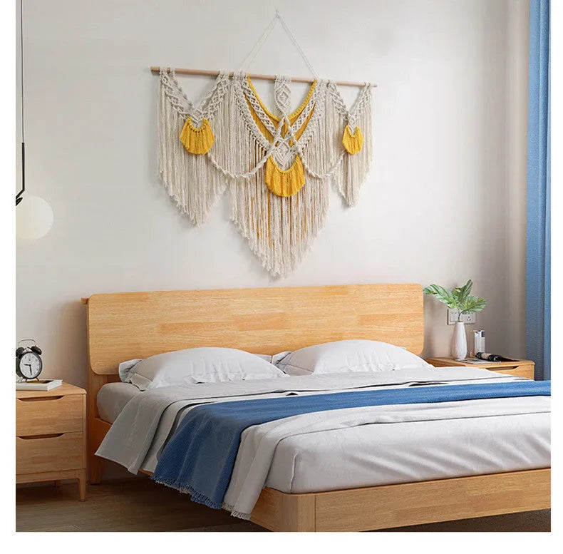 Nordic style hand-woven cotton tapestry in creamy-white with yellow detailing