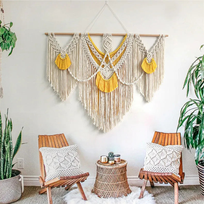 Nordic style hand-woven cotton tapestry in creamy-white with yellow detailing
