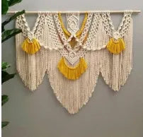 Nordic style hand-woven cotton tapestry in creamy-white with yellow detailing