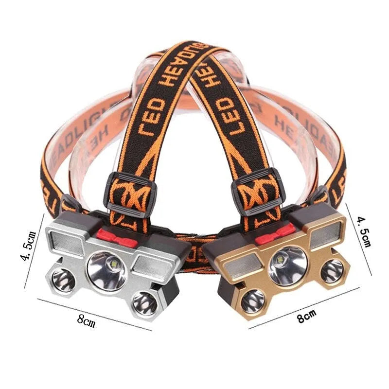 Head-mounted LED miner's lamp with adjustable strap, 10W LED light, and 2400mAh battery capacity