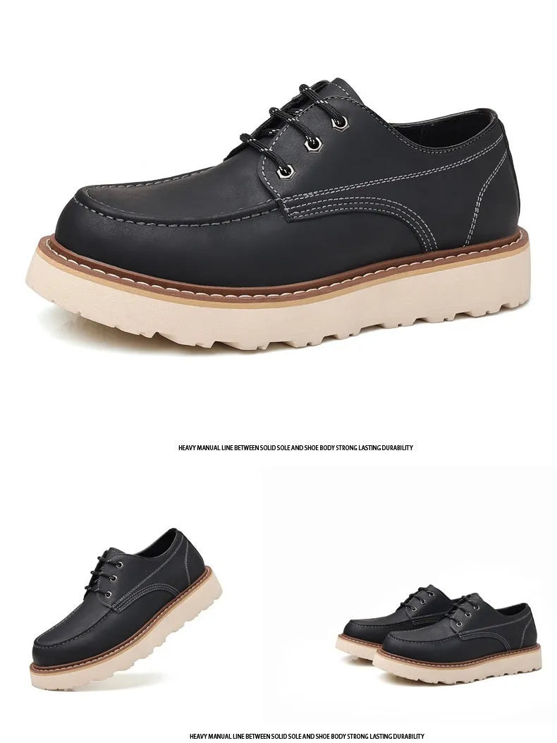 Men's black retro Martin boots with a round toe and rubber sole on a neutral background.