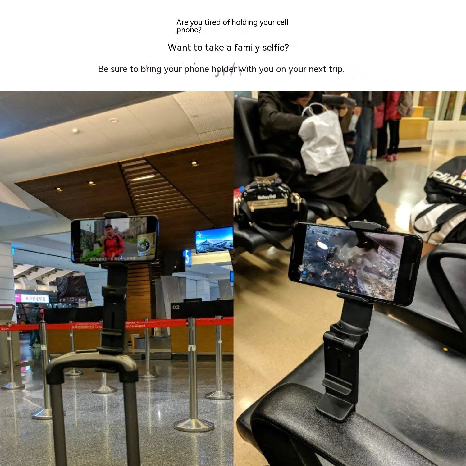 Black foldable rotating phone stand holding a mobile phone in landscape orientation on a desk.