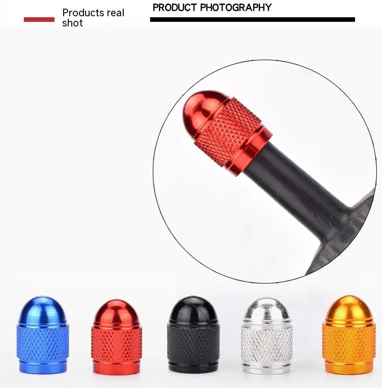 Aluminium alloy mountain bike tyre valve cap in black, blue, gold, silver, and red colour options.