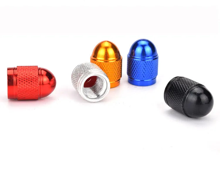 Aluminium alloy mountain bike tyre valve cap in black, blue, gold, silver, and red colour options.