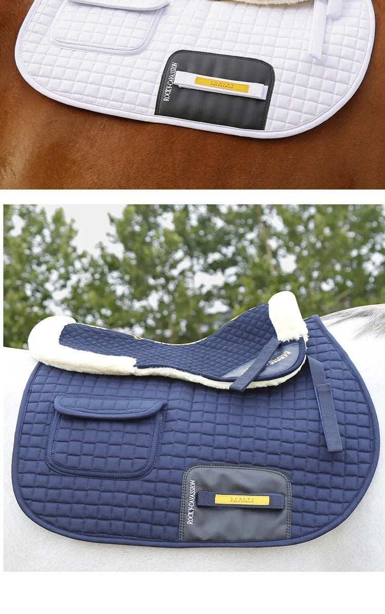 Riding saddle pad with wool construction for shock absorption during equestrian and cycling activities
