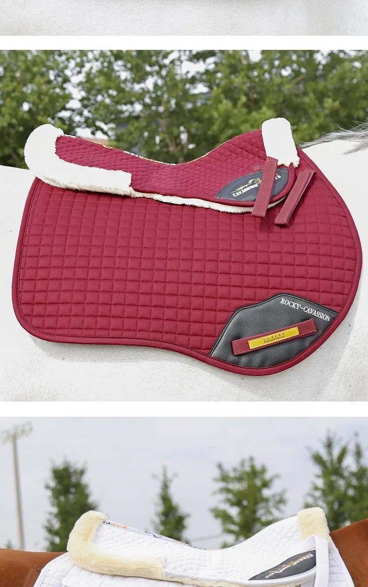 Riding saddle pad with wool construction for shock absorption during equestrian and cycling activities
