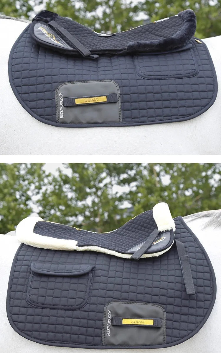 Riding saddle pad with wool construction for shock absorption during equestrian and cycling activities