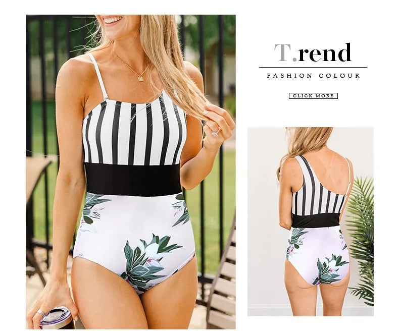 Leopard print women's one-piece swimsuit with an asymmetrical collar and high-waist briefs style.