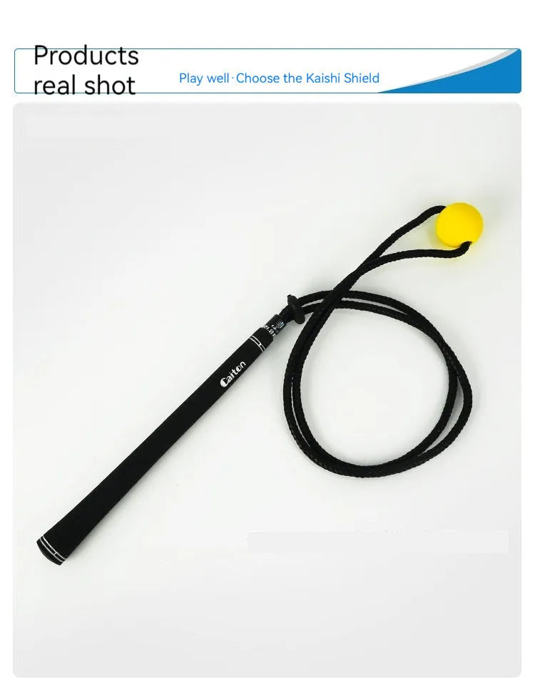Black silicone elastic golf swing trainer rope for practice and correction drills.
