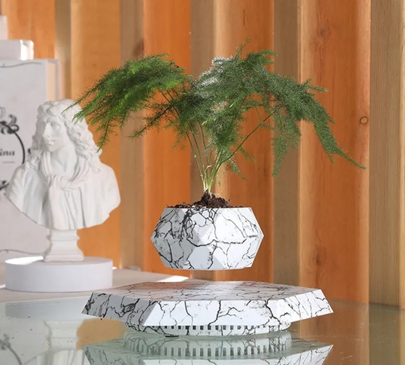 Magnetic levitating marble-colour plant pot floating above base with small plant