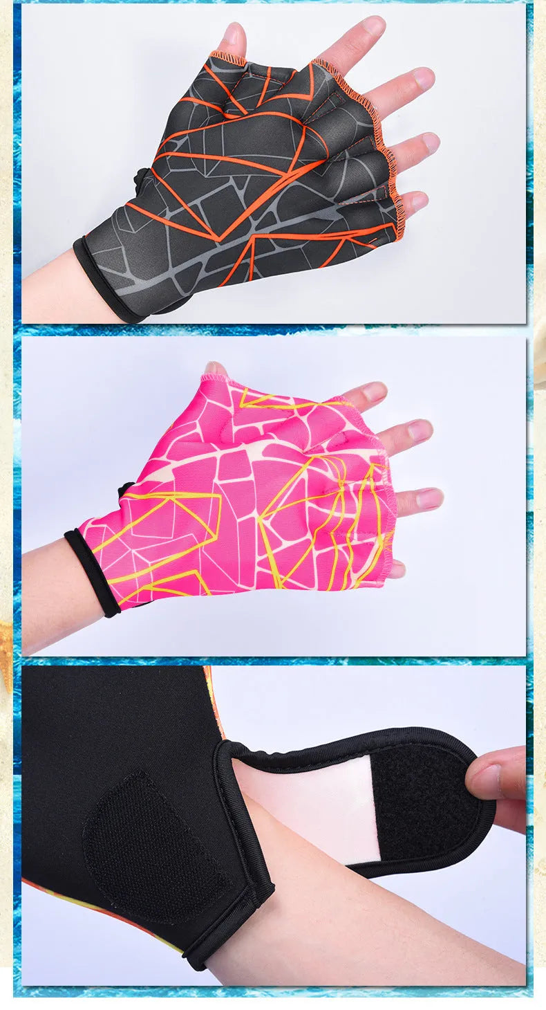 Duck feet webbed swimming gloves in multiple colour prints and sizes