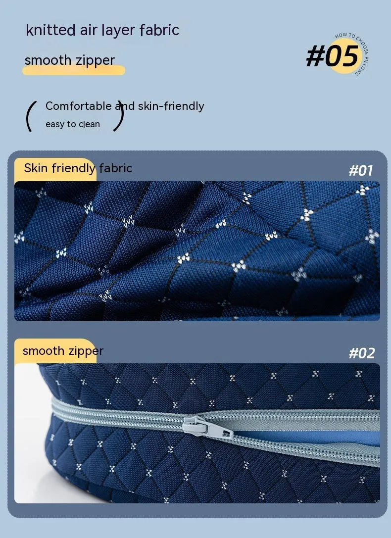 Love heart-shaped dark blue memory foam leg pillow for adults on a bed.
