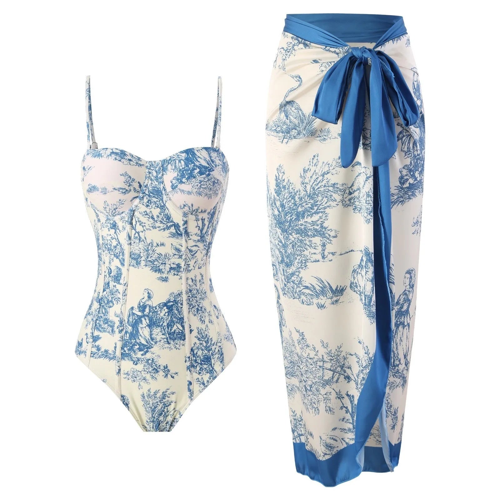 Women's patterned blue one-piece swimsuit with matching gauze skirt accessory
