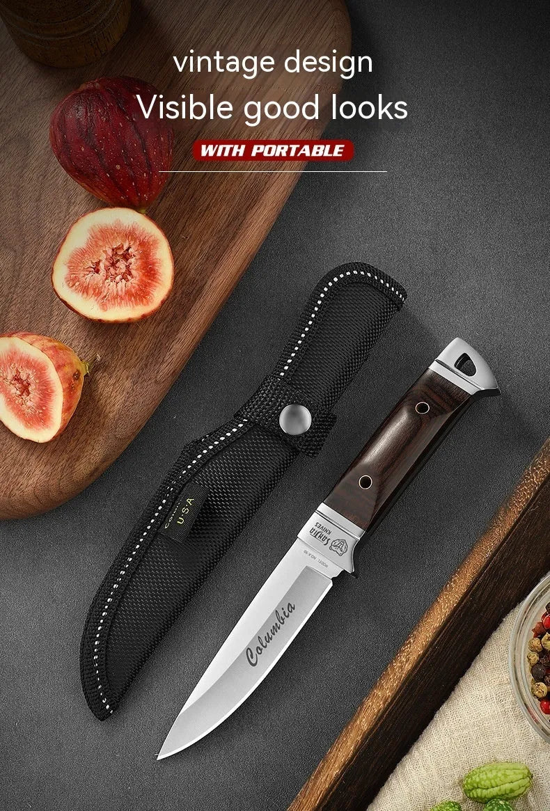 Camping portable fruit knife with stainless steel blade in a national style leather case.