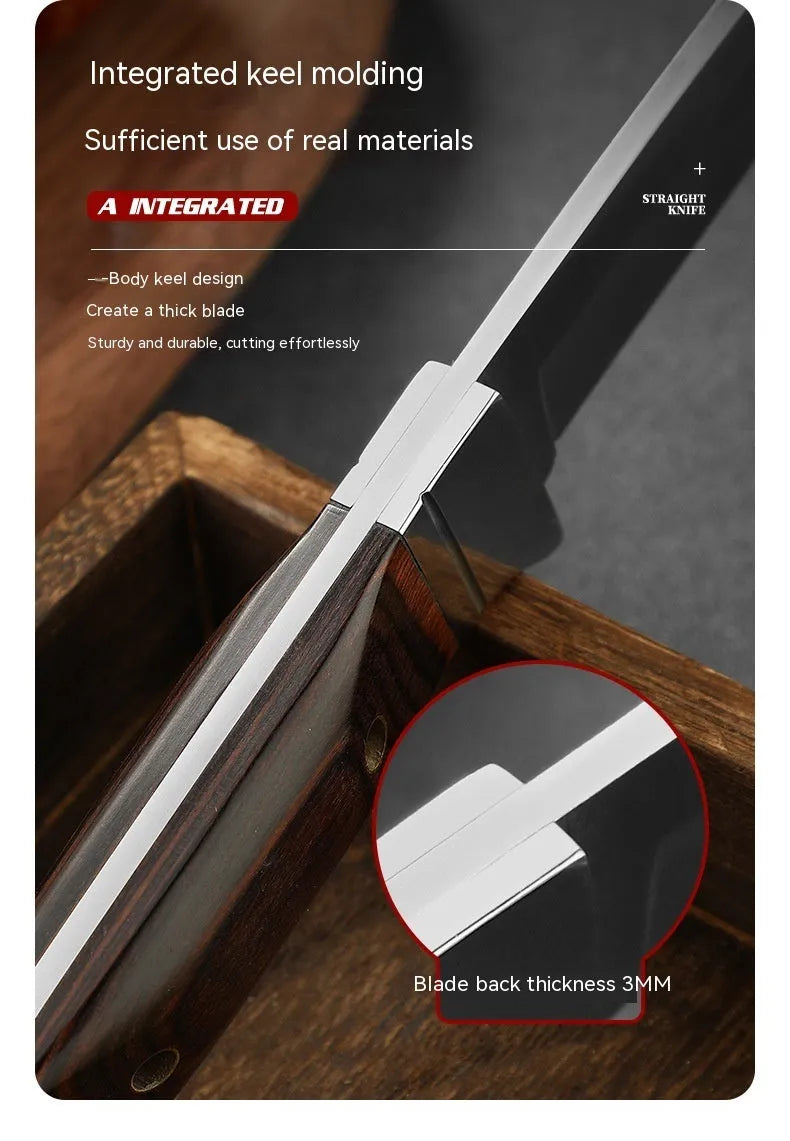 Camping portable fruit knife with stainless steel blade in a national style leather case.