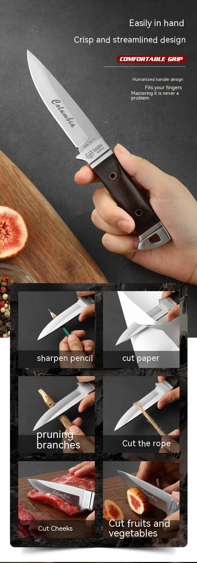 Camping portable fruit knife with stainless steel blade in a national style leather case.