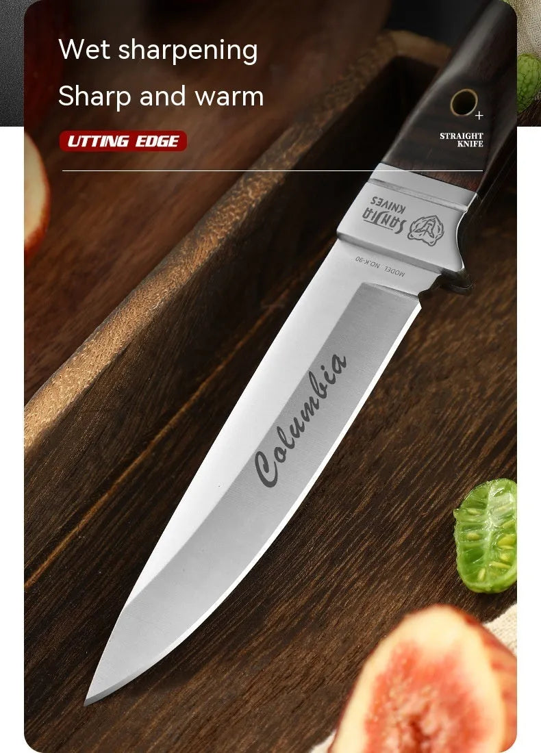 Camping portable fruit knife with stainless steel blade in a national style leather case.