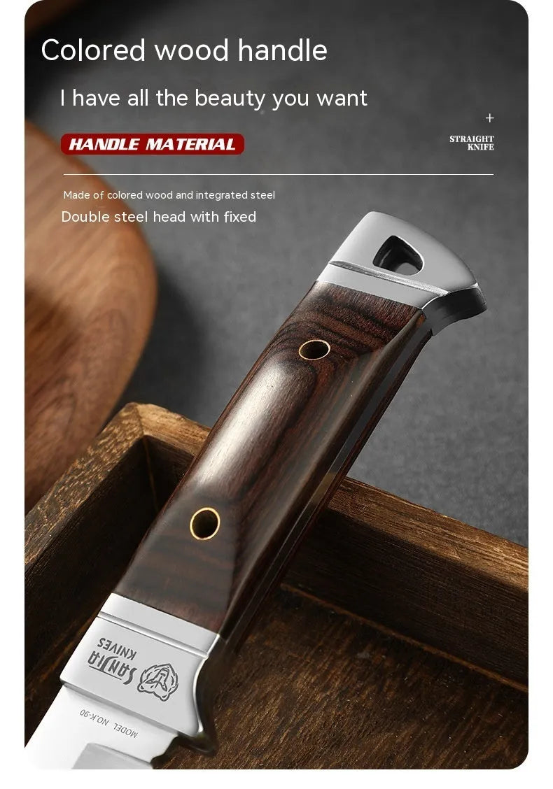 Camping portable fruit knife with stainless steel blade in a national style leather case.