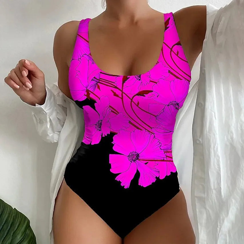 Women's one-piece swimsuit with 3D printed pattern in orange red colour