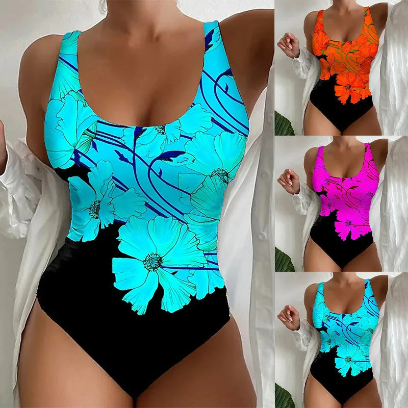 Women's one-piece swimsuit with 3D printed pattern in orange red colour