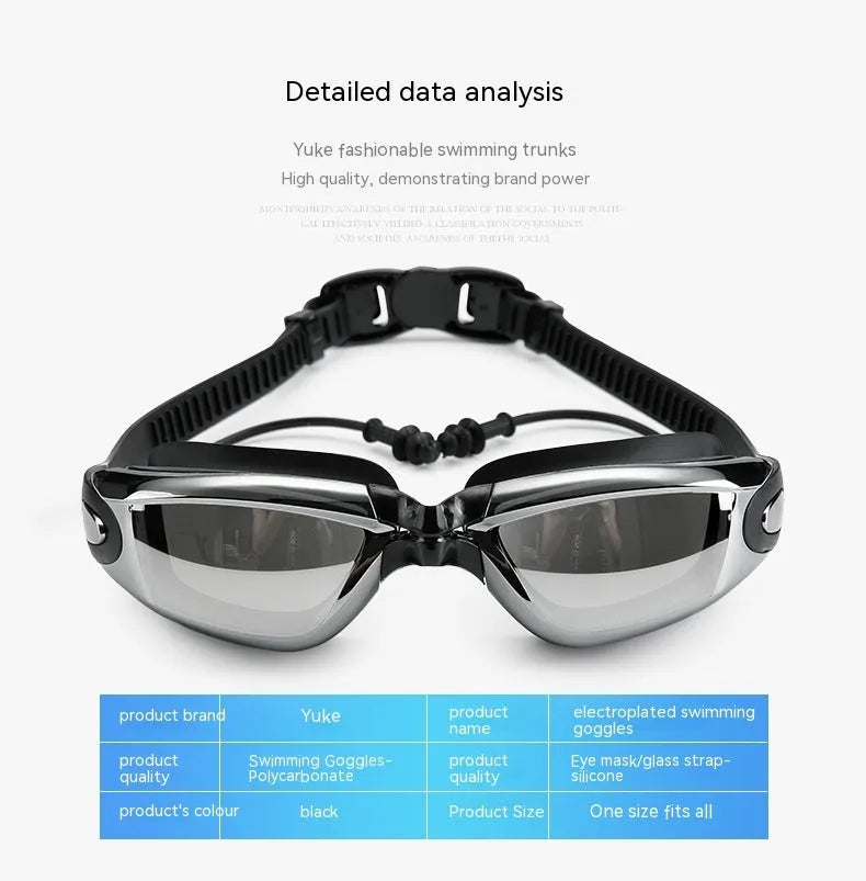 Men's black polyester swimming trunks set with anti-fog goggles, waterproof cap, ear plugs, nose clip, and carry bag.