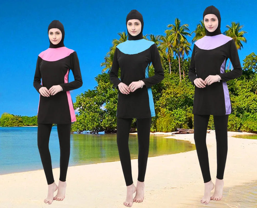Women's long-sleeve hooded swimsuit in black with coloured trim for swimming