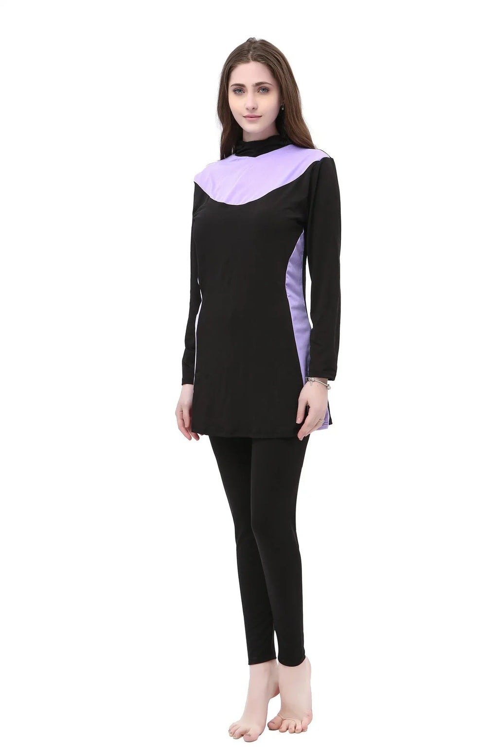 Women's long-sleeve hooded swimsuit in black with coloured trim for swimming