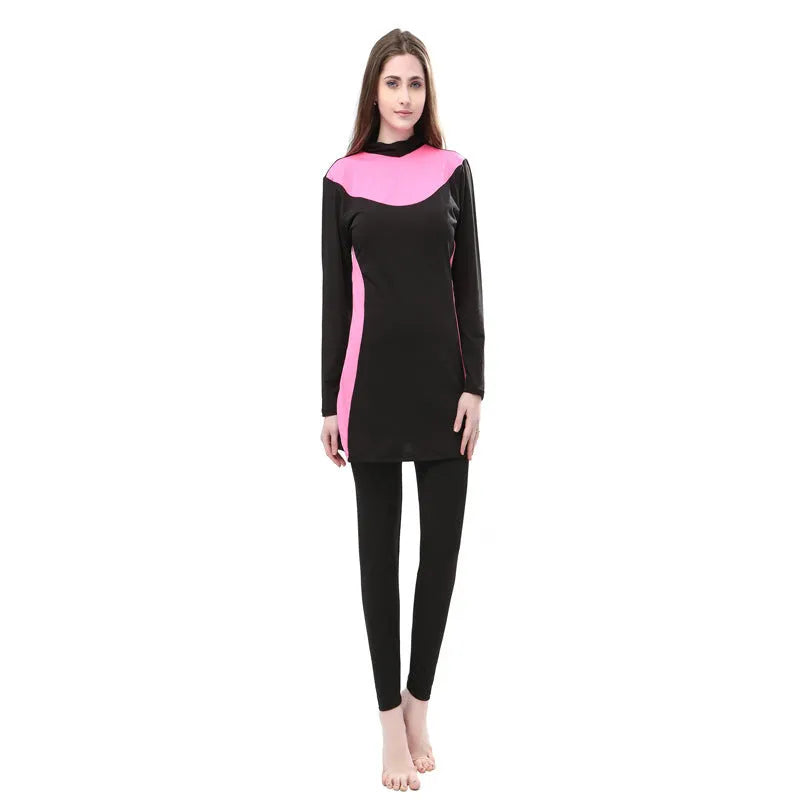 Women's long-sleeve hooded swimsuit in black with coloured trim for swimming