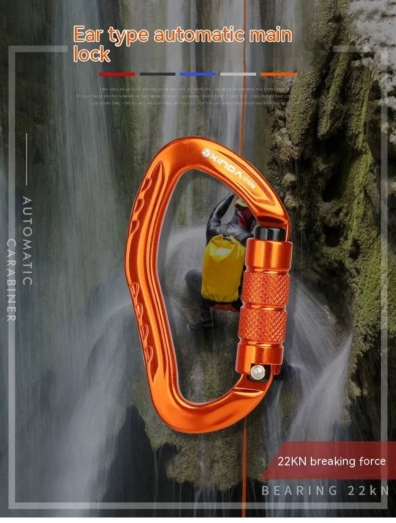 Automatic master lock climbing carabiner hook in black, blue, orange, red, or silver.