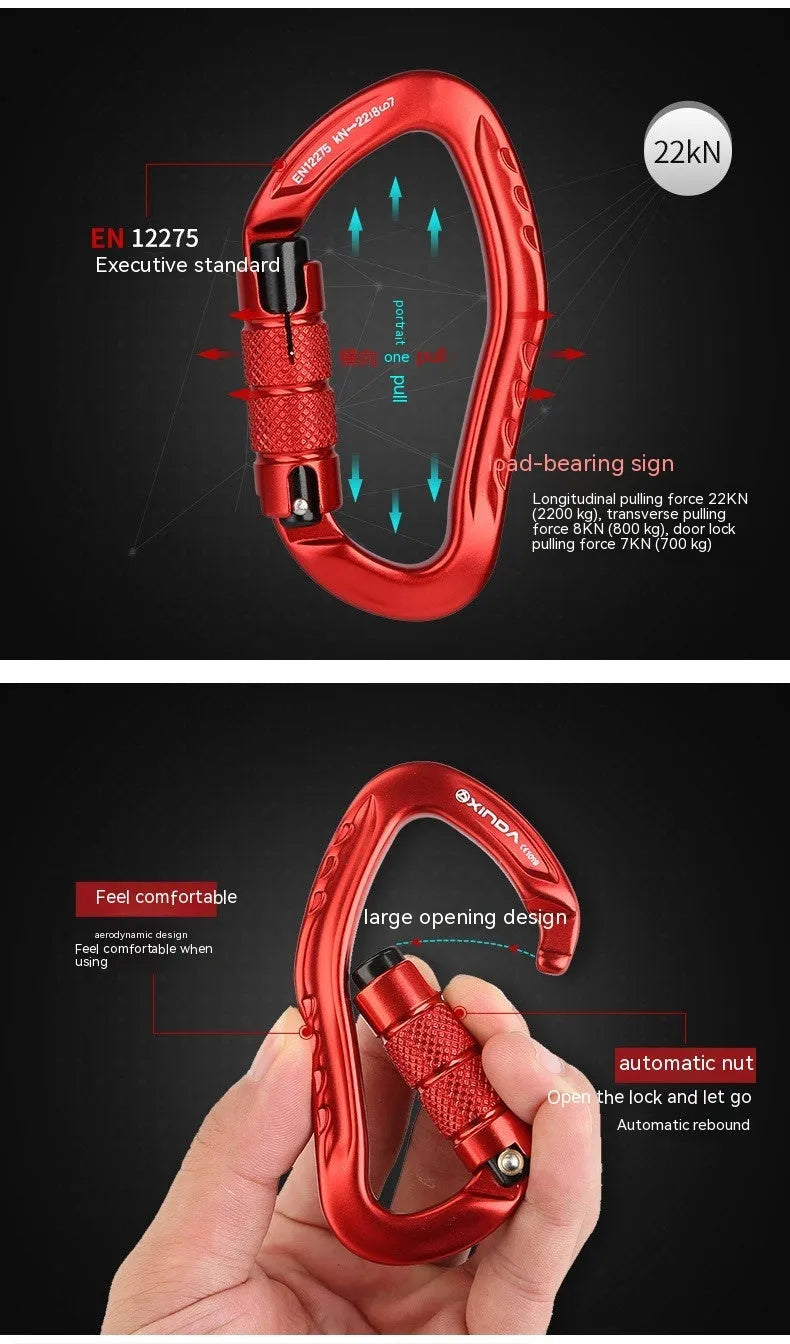 Automatic master lock climbing carabiner hook in black, blue, orange, red, or silver.