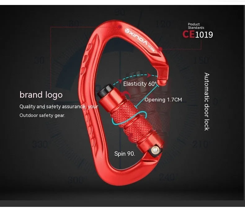 Automatic master lock climbing carabiner hook in black, blue, orange, red, or silver.