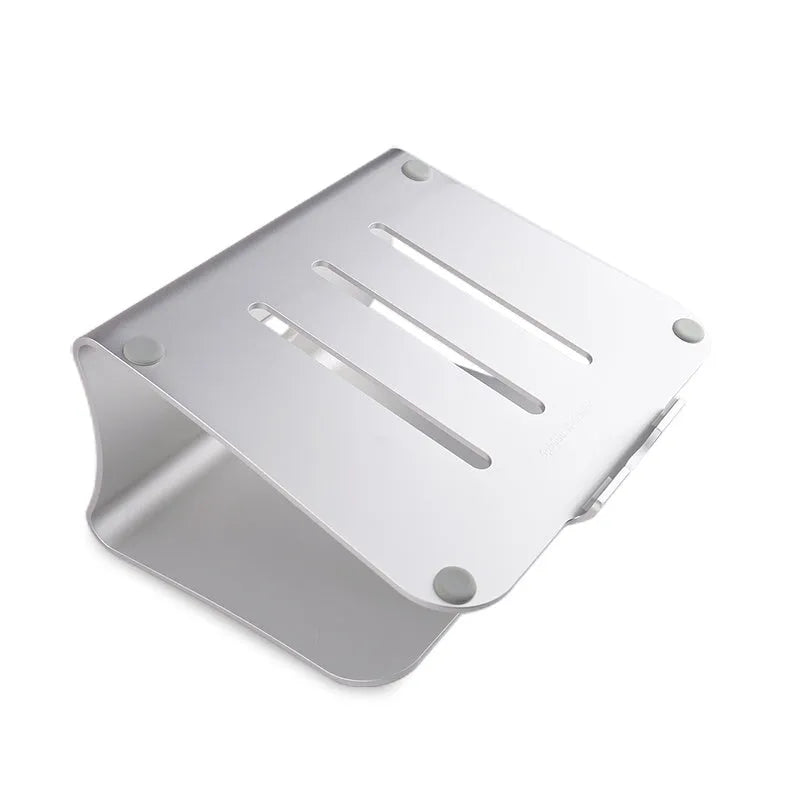 Aluminium alloy laptop cooling bracket in grey colour with rotary hinge adjustment on a desk.