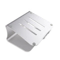 Aluminium alloy laptop cooling bracket in grey colour with rotary hinge adjustment on a desk.