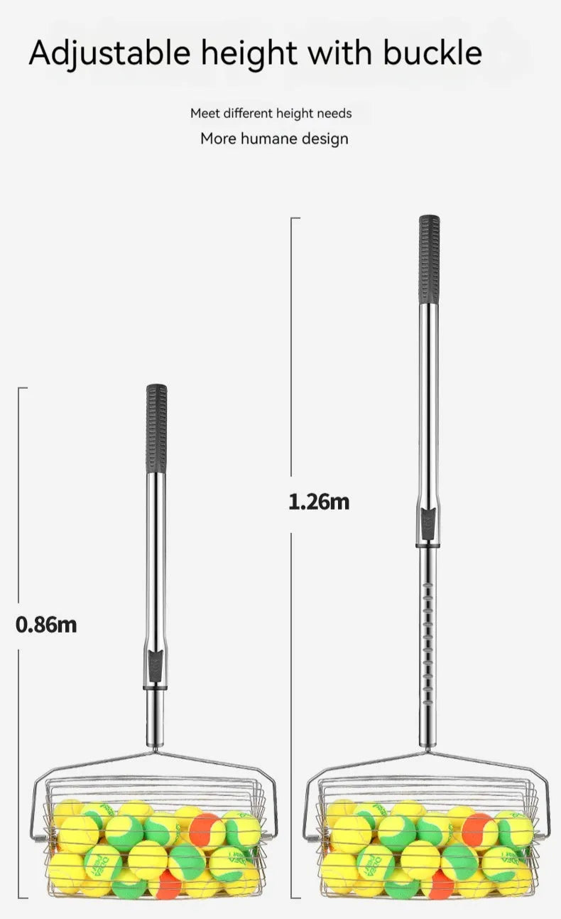 Stainless steel tennis ball picker roller with adjustable handle on tennis court