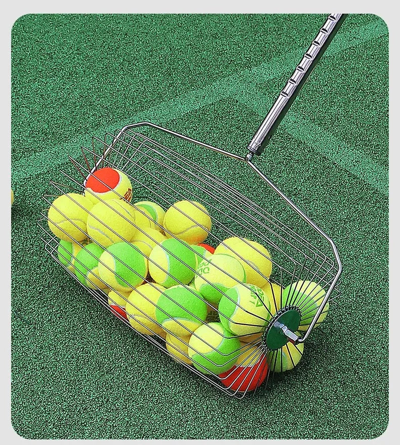 Stainless steel tennis ball picker roller with adjustable handle on tennis court