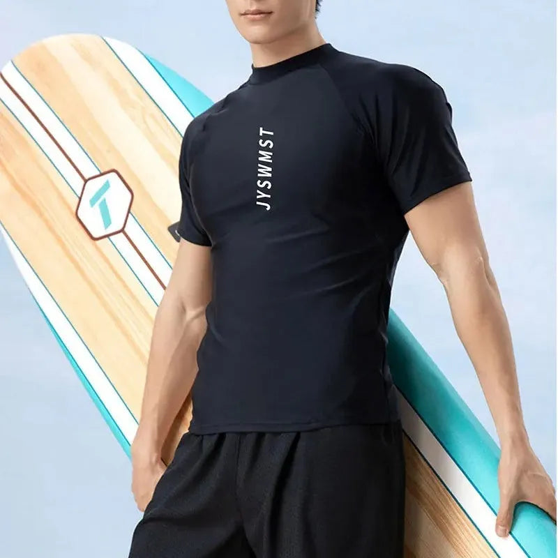 Men's plus size swimming trunks and matching rash guard top in polyester fabric.